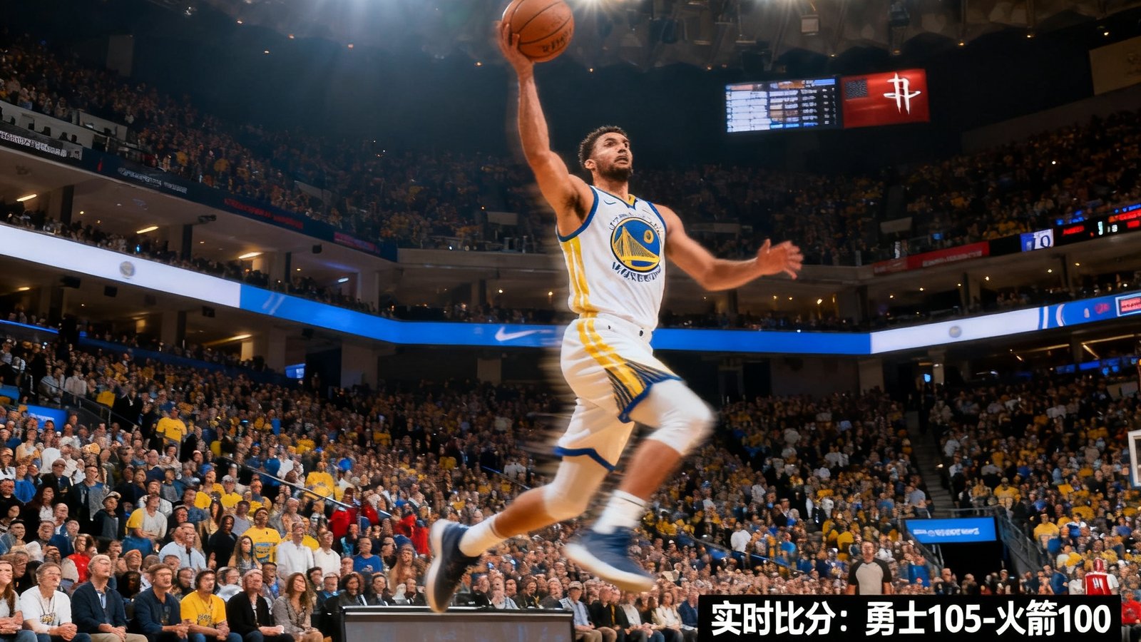 NBA季后赛高清直播画面，篮球运动员正在突破上篮，球场灯光璀璨，观众席人山人海，画面右下角显示实时比分和剩余时间。
