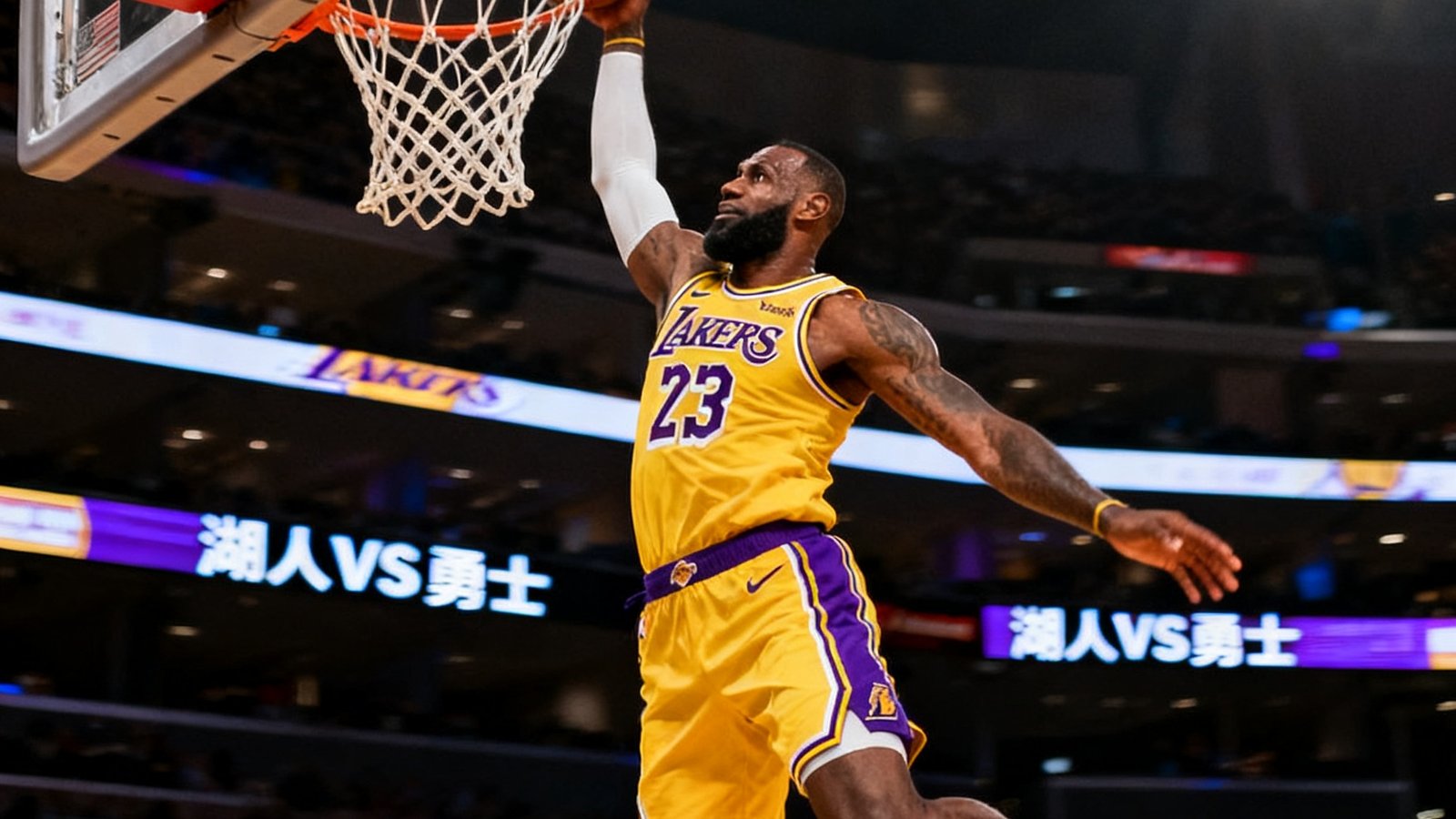 NBA湖人队对阵勇士队的比赛集锦封面，詹姆斯飞身扣篮的精彩瞬间，球馆灯光聚焦在篮筐区域，画面充满张力和动感。